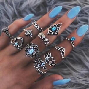 13 Piece Elephant Turtle Midi Ring Set Size 3-8
